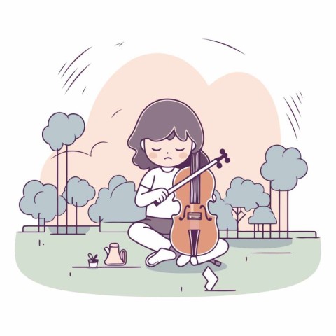 Girl playing violin in the park. Cute cartoon vector illustratio