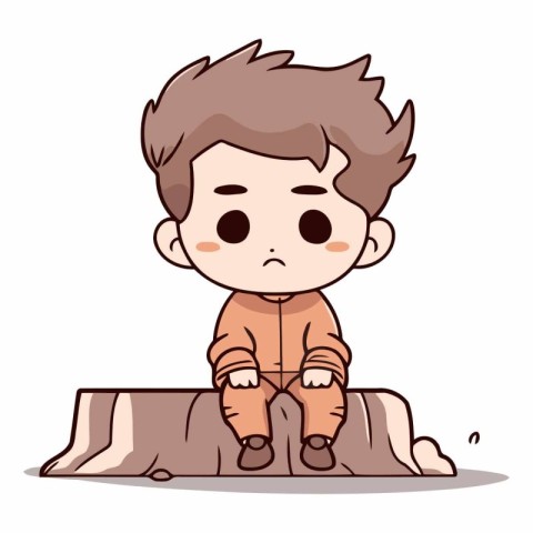 Cute Boy Sitting on Rock - Cute Cartoon Vector Illustration