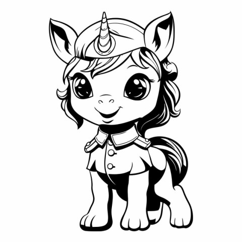 Cute little unicorn girl. Black and white vector illustration is