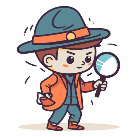 Cute detective boy with magnifying glass in cartoon style.