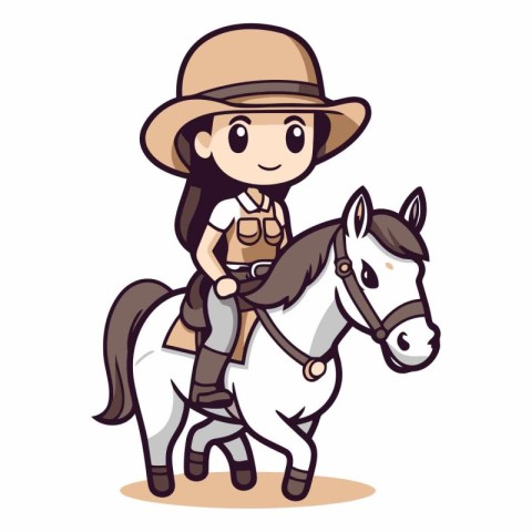 Cowboy girl riding a horse on white background.