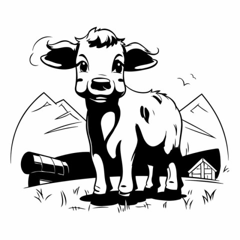 Cow on the farm. Black and white vector illustration of a cow.