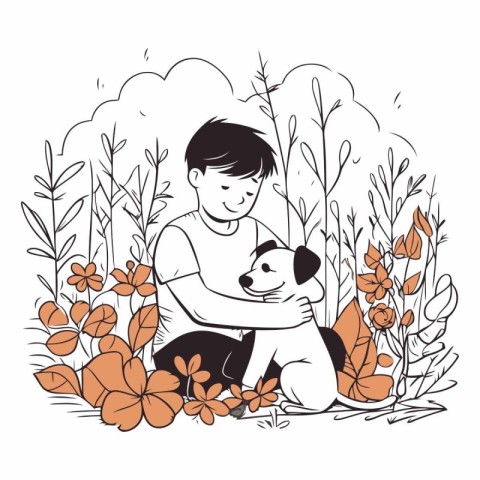 Boy with panda in the flower garden. Hand drawn vector illustrat