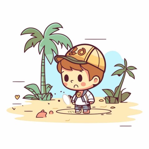 Boy playing on the beach with palm trees. Cute cartoon vector il