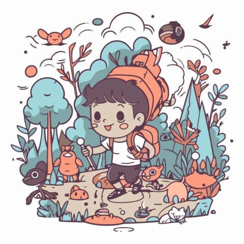 Cute little boy playing in the forest. Hand drawn vector illustr