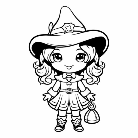 Black and White Cartoon Illustration of Cute Little Witch Charac