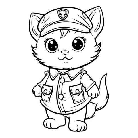 Black and White Cartoon Illustration of Cute Cat Police Officer