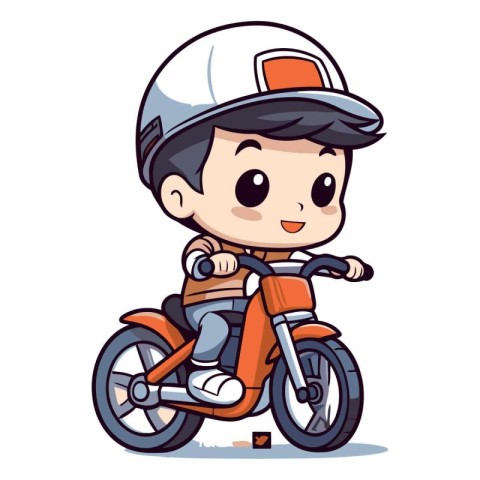 Boy riding a motorbike. Cute cartoon character vector illustrati