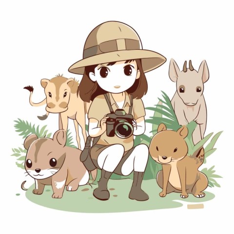 Illustration of a girl in safari outfit with her dog and animals