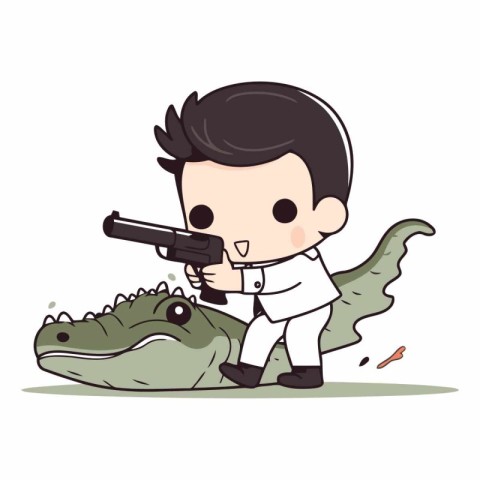 Crocodile hunter with gun - Cute Cartoon crocodile