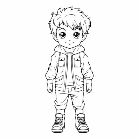 Cute cartoon boy in winter clothes for coloring book.