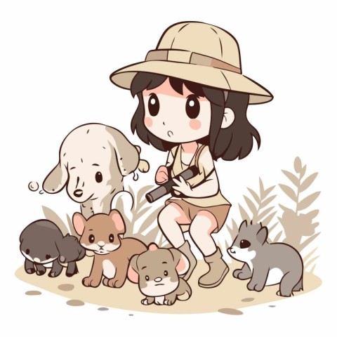 Cute girl playing with a group of animals in the garden.