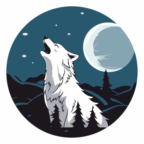 Illustration of a wolf howling at the moon set inside circle on