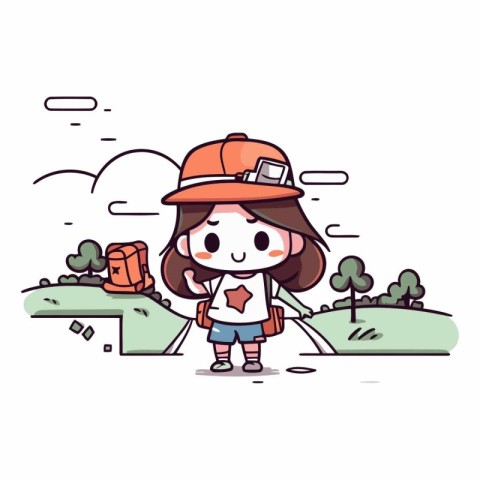 Illustration of a cute girl running in the park with a backpack