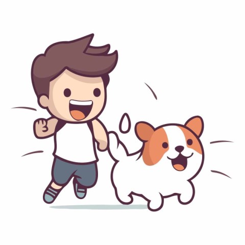 Boy running with dog. Cute cartoon character.