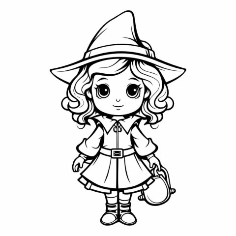 Black and White Cartoon Illustration of Cute Little Witch Charac