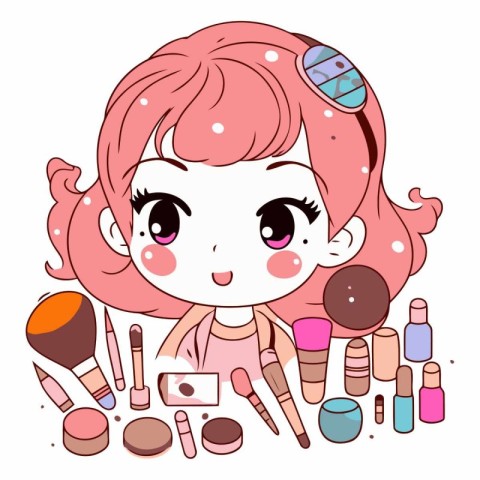 Illustration of a Cute Little Girl with Make-up Tools