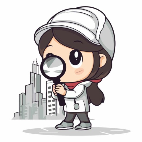 Cartoon girl with magnifying glass on city background.