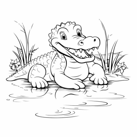 Crocodile in the park. Black and white vector illustration.