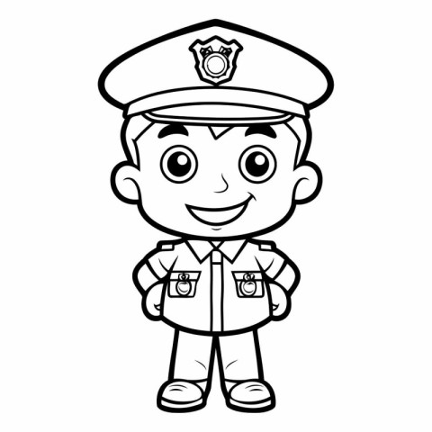 Black and White Cartoon Illustration of a Little Police Officer