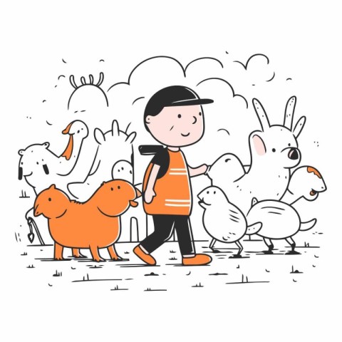 Cute little farmer walking with his pets. Hand drawn vector illu