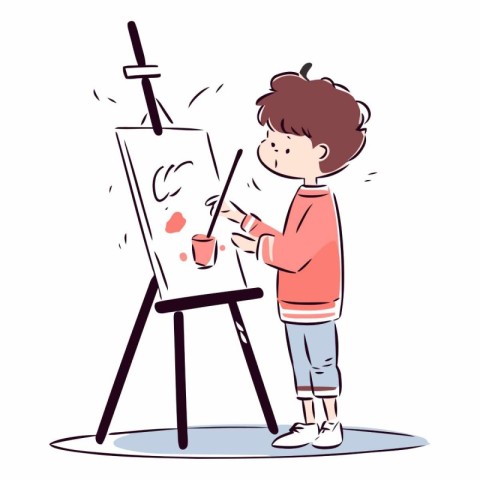 Boy painting a picture on easel in cartoon style