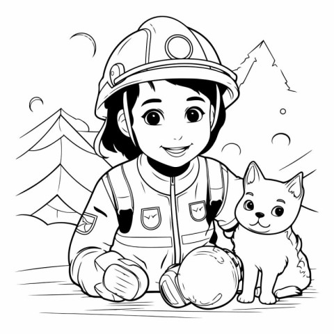 Black and White Cartoon Illustration of Cute Little Girl in a Fi