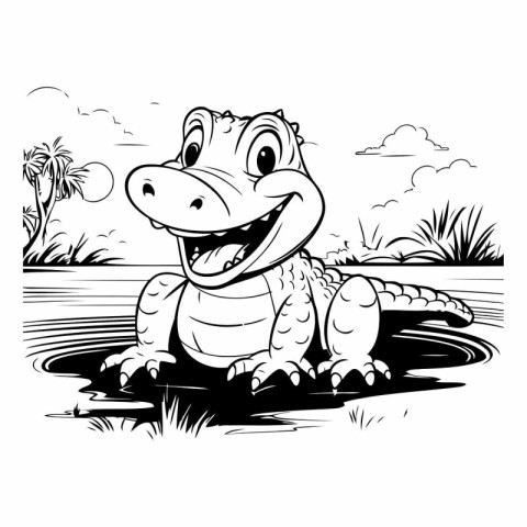 Crocodile in the park. Black and white vector illustration.