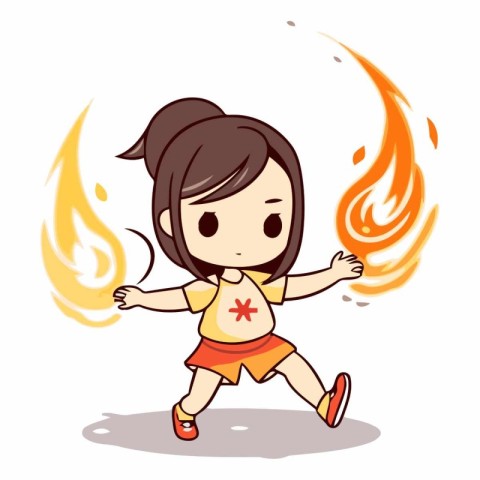 Illustration of a Cute Girl Running with a Fire in the Backgroun