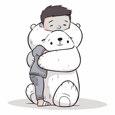 Polar bear hugging a man of a cartoon character.