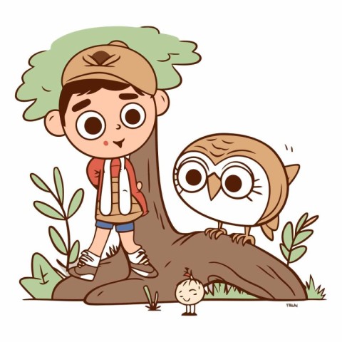 Boy and owl on a tree in cartoon style.