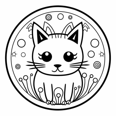 Cute cartoon cat in round frame for coloring book.