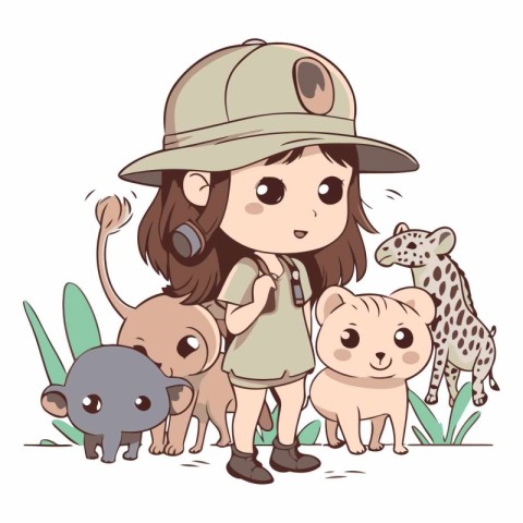 Illustration of a Little Girl Wearing a Safari Hat with Her Cats