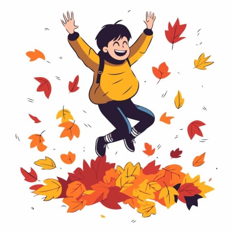 Happy boy jumping on autumn leaves background in cartoon style.