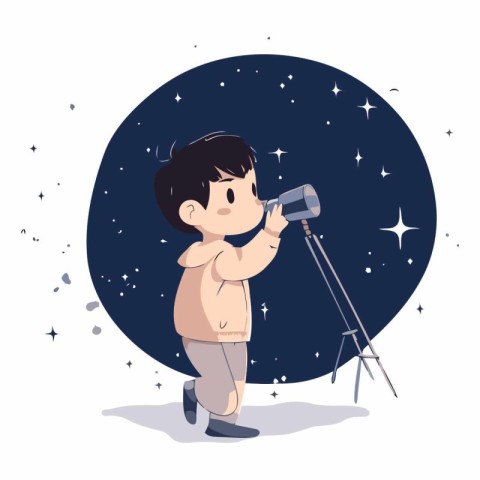 Cute boy looking through telescope in cartoon style.