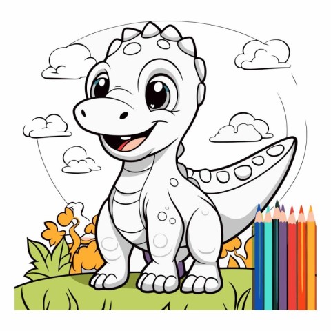 cute dinosaur with color pencils and clouds vector illustration