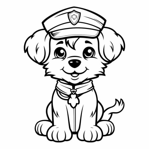 Cute Cartoon Police Dog - Black and White Vector Illustration. I