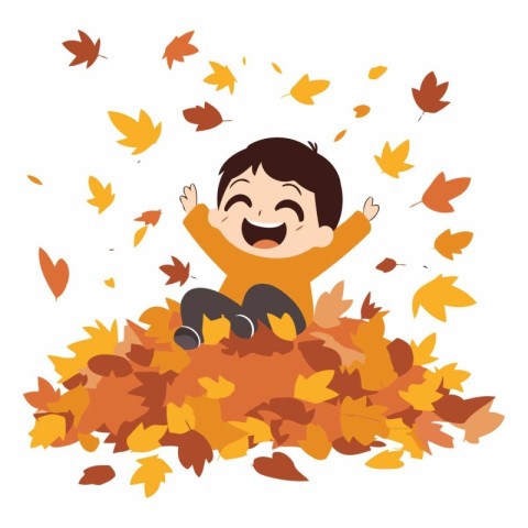 happy boy playing with autumn leaves over white background. colo