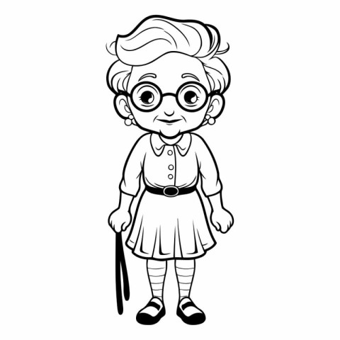 Grandmother with a cane. Black and white.