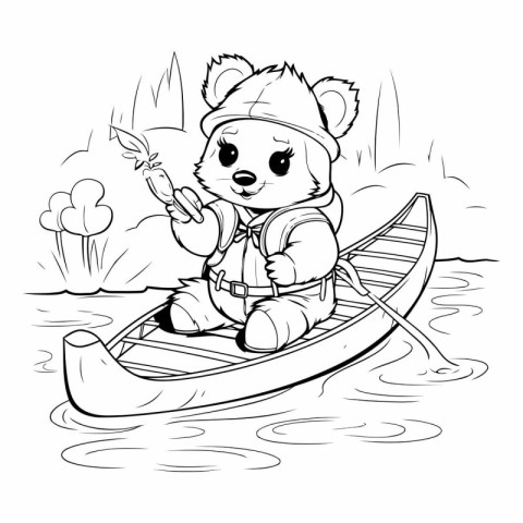 Black and White Cartoon Illustration of Bear in Boat or Kayak fo