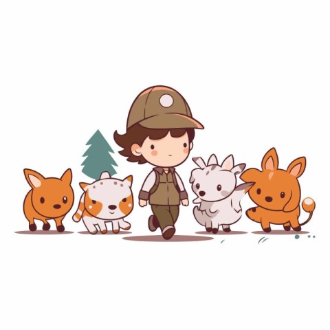 Cute little boy in a military uniform with a group of animals.