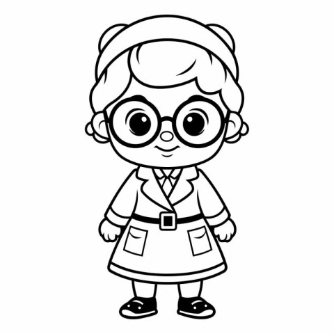 Coloring book for children. Little girl in a coat and glasses