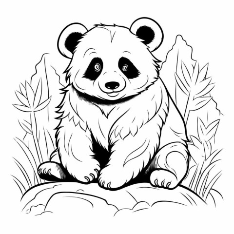 panda sitting on the rock in the jungle. black and white vector