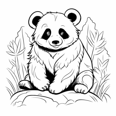 panda sitting on the rock in the jungle. black and white vector