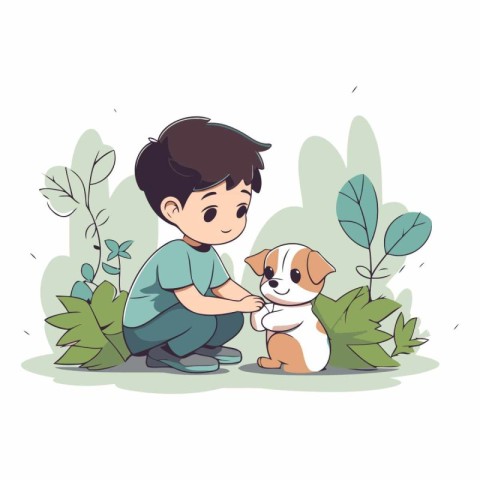 Cute boy playing with dog in the garden.