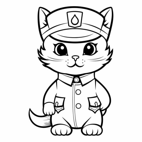 Black and White Cartoon Illustration of Cat Police Officer Chara