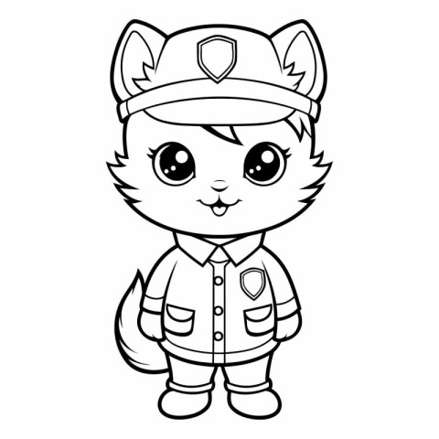 Black and White Cartoon Illustration of Cat Police Officer Chara