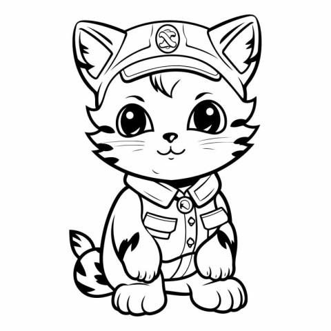 Black and White Cartoon Illustration of Cute Cat Captain Animal