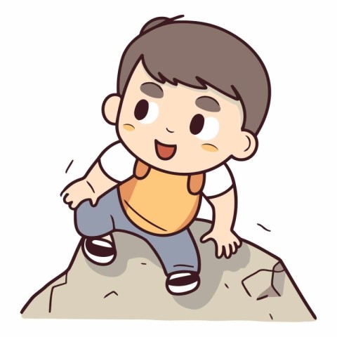 Illustration of a Little Boy Climbing a Rock on White Background