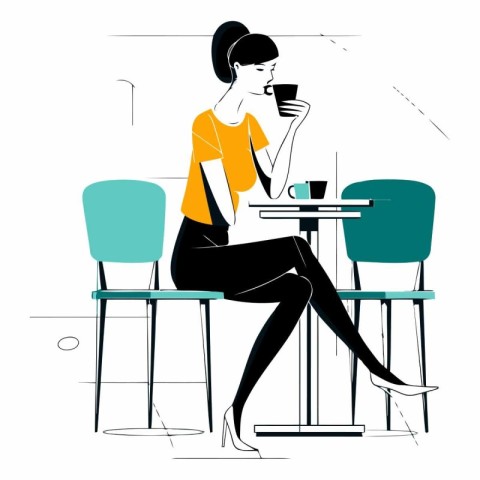 Vector illustration of a woman drinking coffee in a cafe.